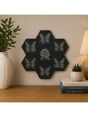 Hexagonal Butterfly Tiles Set 7 Engraved Butterflies and Flower 3" Mosaic Tile